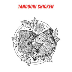 Obraz premium Tandoori chicken, Indian food. Hand drawn vector illustration. Sketch style. Top view. Vintage vector illustration.