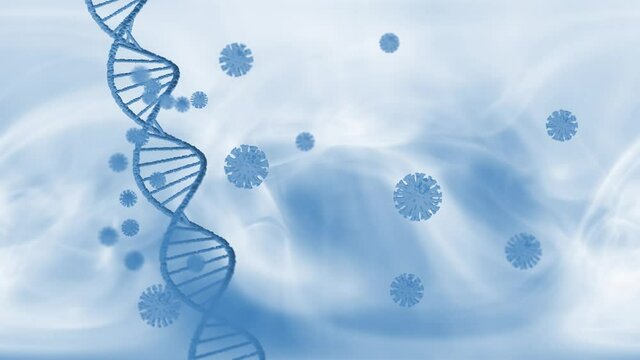 Abstract blurry Coronavirus covid-19 and dna chain structure animated on blurry white blue background. Concept science copy space animation.