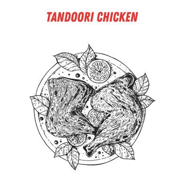 Tandoori chicken, Indian food. Hand drawn vector illustration. Sketch style. Top view. Vintage vector illustration.