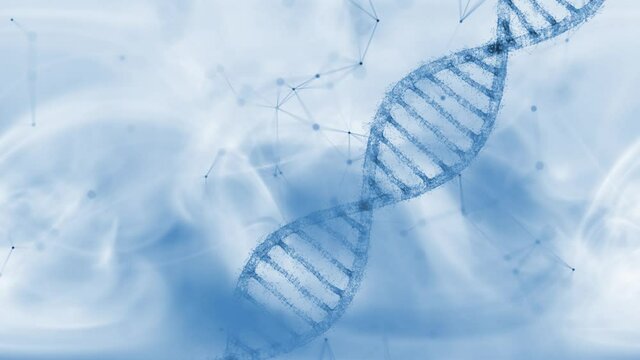 Abstract digital rotating dna molecule on futuristic  white blue background.