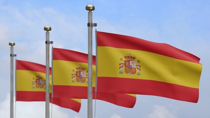 Spanish flag waving in the wind. Blue sky cloud Spain banner blowing, soft silk