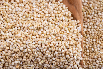 White quinoa background with a wooden spoon, macro closeup