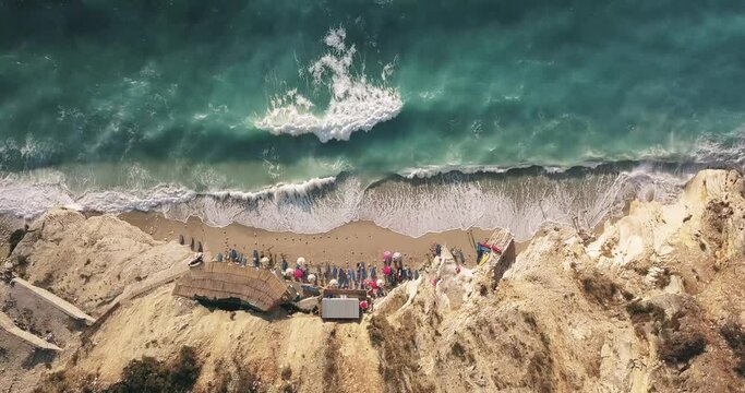 Beautiful seascape. Beach on coast of Ionian Sea in Albania, Ksamil, near Greece island Korfu. Birdseye view of Mirror Beach (Pasqyra) in Saranda, Albania (Albanian Riviera) View from drone