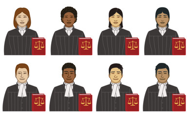 Fototapeta premium diversity, race, ethnicity of lawyer, attorney vector icons, male and female, with law book and a justice balance, isolated on a white background
