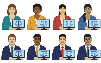 diversity, race, ethnicity of paralegal, legal assistant vector icons, male and female, with file folders and a justice balance on monitor screen, isolated on a white background