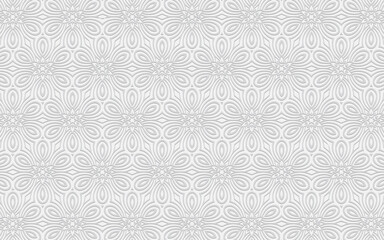 Ethnic convex geometric white background in oriental doodling style. Embossed volumetric pattern with flowers for wallpaper, presentations, websites.