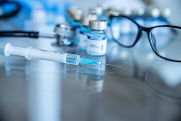 Vaccination time. Syringe and vaccine on the table in a doctor's office. Stethoscope and glasses.