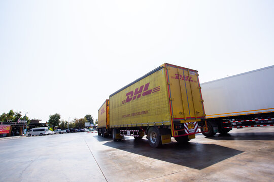 Bangkok, Thailand - February 7, 2021 : DHL truck on the route. Truck for transportation and logistic.