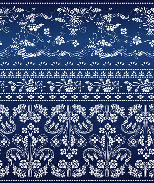 Katazome floral seamless border. Traditional Japanese technique using a katagami stencil. Oriental ornamental pattern. Shibori&nbsp;arranged in small dots to form a flower branch border design.