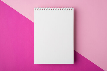 Above close up flat lay view photo picture of empty open notice journal with place for text isolated half bright and pastel color backdrop