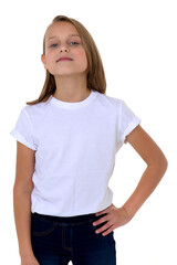 Fototapeta premium Blonde in a white T-shirt in the studio on a white background. Close-up