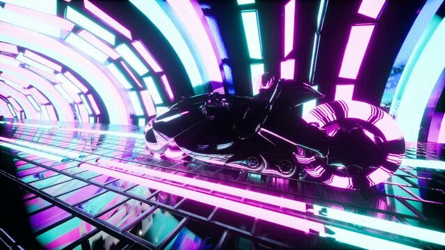 Cyber girl rides a motorcycle in a glowing neon tunnel. Seamless loop animation of a corridor for vj, dj or sci-fi backgrounds.
