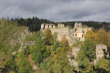 View to the old ruins of castle Dívčí Kámen (South Bohemia, Czechia)