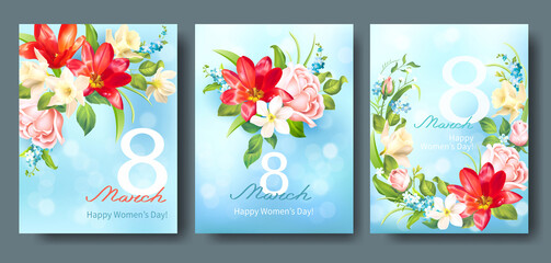 Greeting cards for International Women’s Day 8 March. Banners with spring flowers: daffodils, tulips and roses. Vector set.
