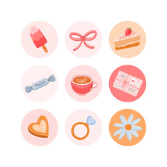 Valentines day vector round stickers set. Romantic highlights cover icons for social media