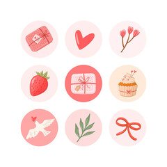 Valentines day vector round stickers set. Romantic highlights cover icons for social media