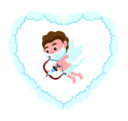 Cute cartoon style illustration of Cupid with a face mask and a vaccination needle
