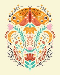 Spring motifs in folk art style. Colorful flat vector illustration with moth, flowers, floral elements and moon. - 410748453