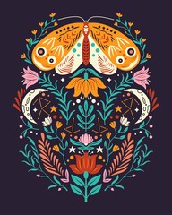 Spring motifs in folk art style. Colorful flat vector illustration with moth, flowers, floral elements and moon. - 410748473