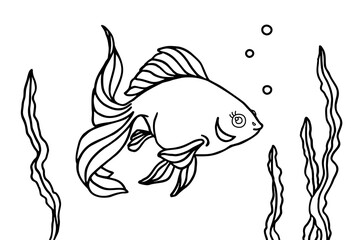 Fish and algae in the water. Aquarium. Can be used for coloring book for kids. Vector illustration.