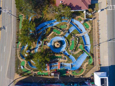 Top view of Paragon Minigolf in Nantucket Beach in town of Hull, Massachusetts MA, USA. 