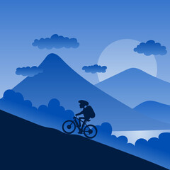 male biker with helmet riding up to hill with landscape background in blue shade and gradient illustration vector.