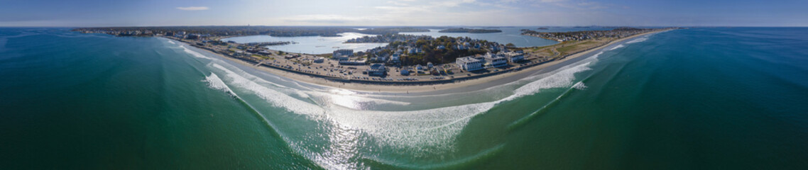 Nantasket Beach aerial view panorama in town of Hull in south of Boston, Massachusetts MA, USA. 