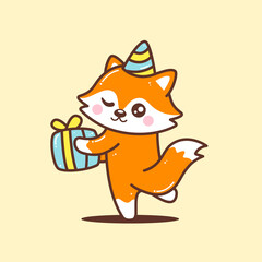 cute fox with birthday present