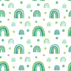 Stylish watercolor seamless pattern with green rainbows in a childish style. Elements for textiles, fabric, wallpaper, stationery, posters, prints, invitations, cards, baby shower, nursery graphics.