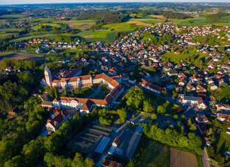 Aerial view of the city and monastery Scheyern in Germany, Bavaria on a sunny spring day afternoon	