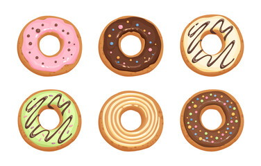Set of cartoon colorful donuts isolated on white background. Top View Doughnuts collection into glaze for menu design, cafe decoration, delivery box. vector illustration in flat style