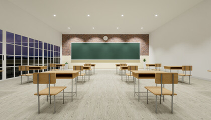 Classroom background. Room interior in school and empty board, blackboard or chalkboard, furniture, desk, table, wood floor. For teacher, student to teach, learn, seminar, meeting, training. 3d render