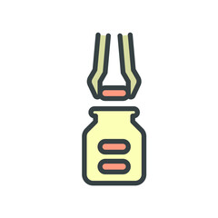 Pharmaceutical and supplement manufacturing industry vector icon. Consist of tweezer filling capsule of drug or medical product in bottle packaging. For healthcare, medical and remedy design element.