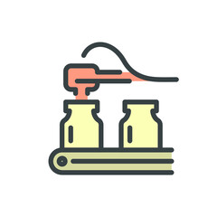 Pharmaceutical, supplement, nutraceutical or cleaning product manufacturing industry vector icon. Consist of robot or automated machine filling liquid in bottle package on conveyor and production line