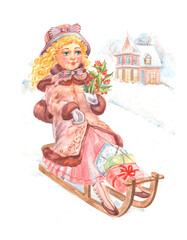 Girl - doll with gifts on a sled and a snowy landscape with a house, watercolor vintage art for Christmas design.