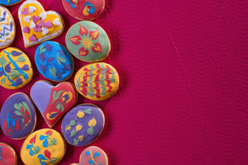 Homemade, freshly baked and decorated, colorful Easter cookies.