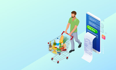 Isometric grocery store, online market, home delivery. grocery shopping online. Buying fresh vegetables, fruits, milk, bread, sausage through the smartphone while sitting at home.