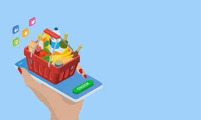 Isometric grocery store, online market, home delivery. grocery shopping online. Buying fresh vegetables, fruits, milk, bread, sausage through the smartphone while sitting at home.