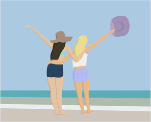 two girls friends on the beach vector illustration