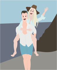 Man Carrying Woman on his back Having Fun at the Beach