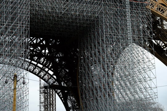 A closeup on the scaffolfing of the Eiffel Tower. the 4th February 2021.