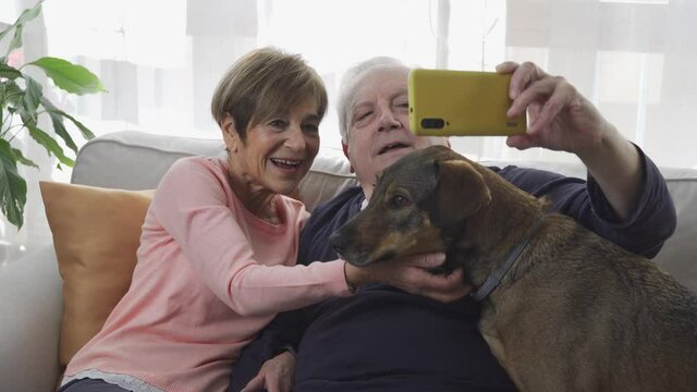 Happy senior couple having video call on mobile phone with dog at home during coronavirus lockdown - Elderly, family and technology concept