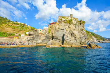 The Castello Doria, the ancient fort along the Ligurian Coast is visible from the sea at the...