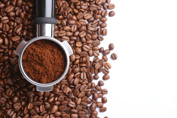Turk with ground coffee on coffee beans and white background