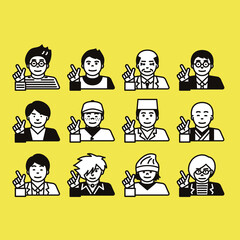サラリーマンやフリーランスなど、色々な職業の人が差し指を立てている男性イラスト