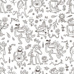 Seamless pattern with cute monsters and plants on white background. Flowers and funny animals poster. Line art childish illustration. Doodle cartoon wallpaper.