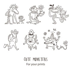 Fototapeta premium Set with cute cartoon monsters. Fabulous collection of creatures. Funny animal sticker pack. Line art doodle poster.