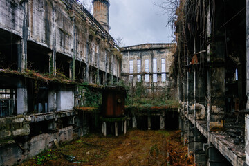 Overgrown ruins of industrial building. Abandoned, destroyed by war power plant in Tkvarcheli Tquarhcal, Abkhazia, Georgia