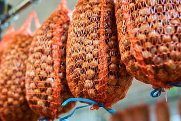 Hazelnuts on a market stall of a grocery store or bazaar market