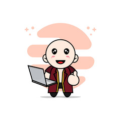 Cute lawyer character holding laptop.